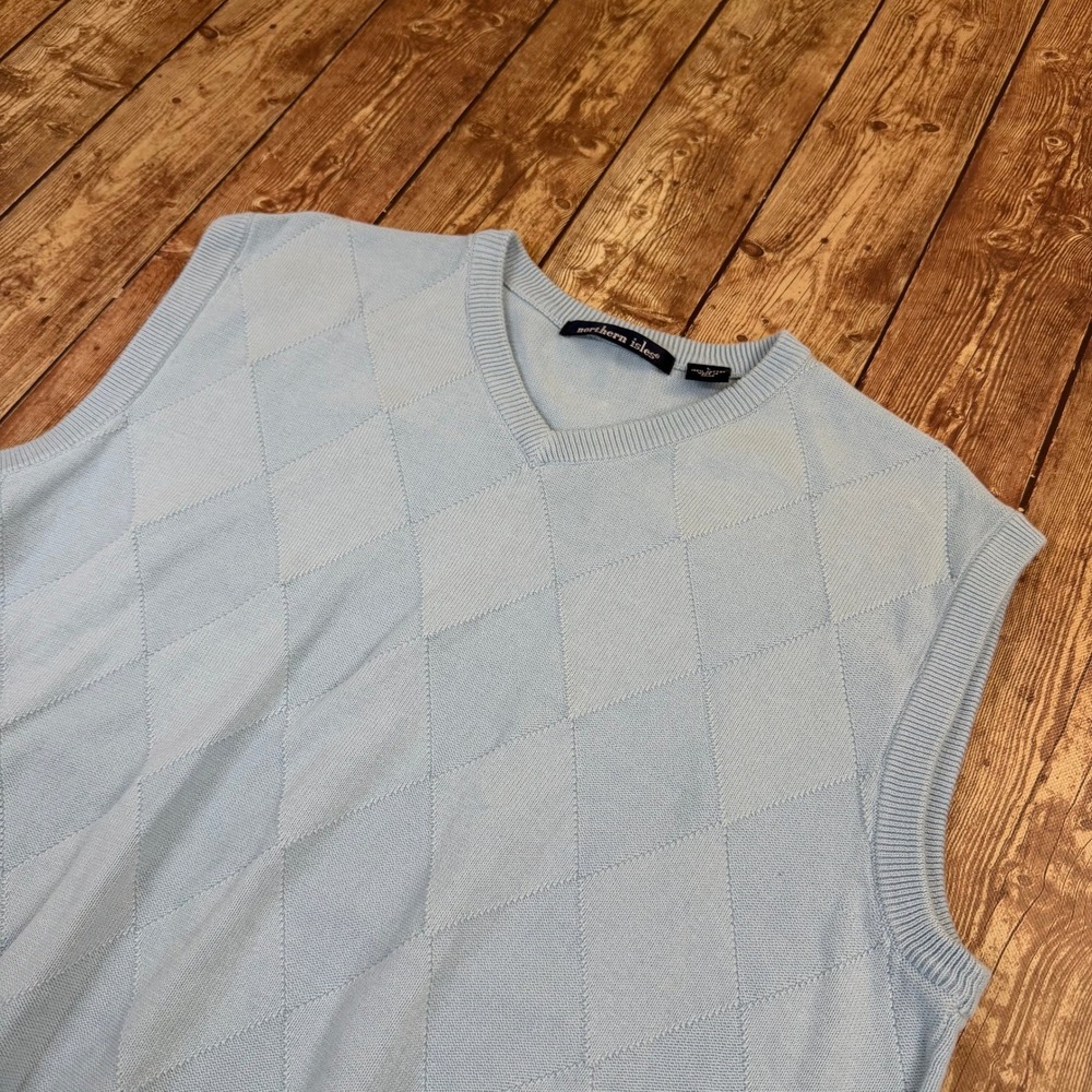 Northern Isles Argyle Sweater Vest Mens Large Light Blue Cotton V Neck